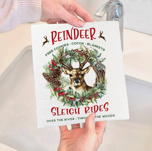 Set of 2 -  Christmas Reindeer Sleigh Rides SWEDISH DISH CLOTH