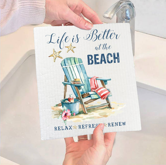 Set of 2 -  Coastal Life is better at the Beach SWEDISH DISH CLOTH