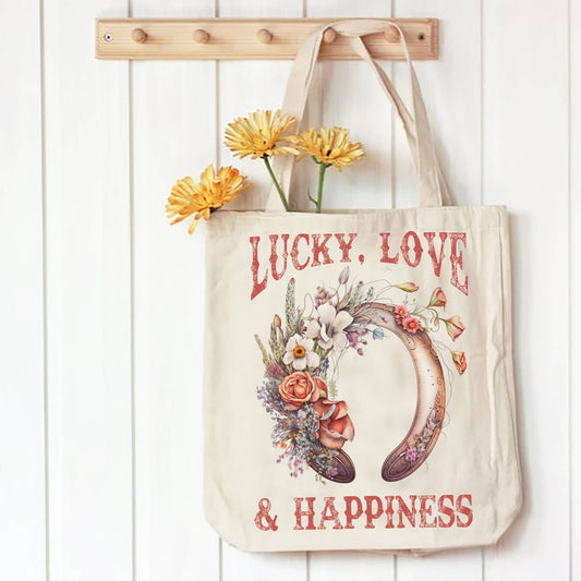 Lucky Love Happiness Horseshoe Western Canvas Tote Bag