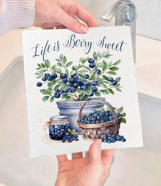 Set of 2 -  Life is Berry Sweet Blueberry Fruit SWEDISH DISH CLOTH