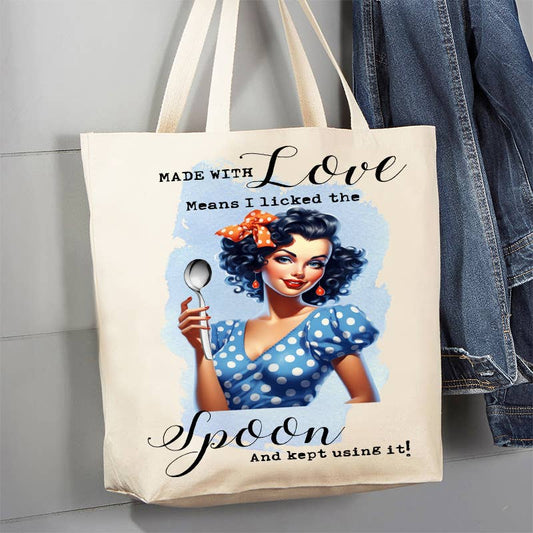 Made with love Licked the Spoon Funny 12 oz Canvas Tote Bag