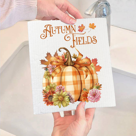Set of 2 -  Autumn Harvest Checkered Pumpkins SWEDISH DISH CLOTH