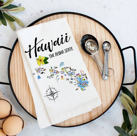Hawaii State Map Souvenir  Flour Sack Tea Towel