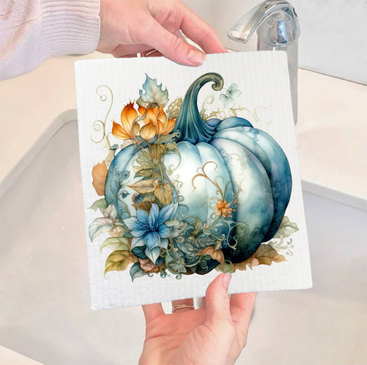 Set of 2 -  Fall Autumn Blue Pumpkin Flowers SWEDISH DISH CLOTH