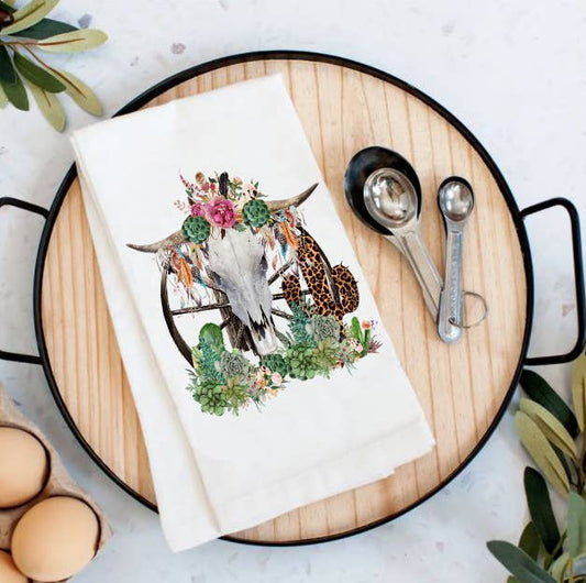 Western Cow Skull Cactus Southwestern Cotton Tea Towel