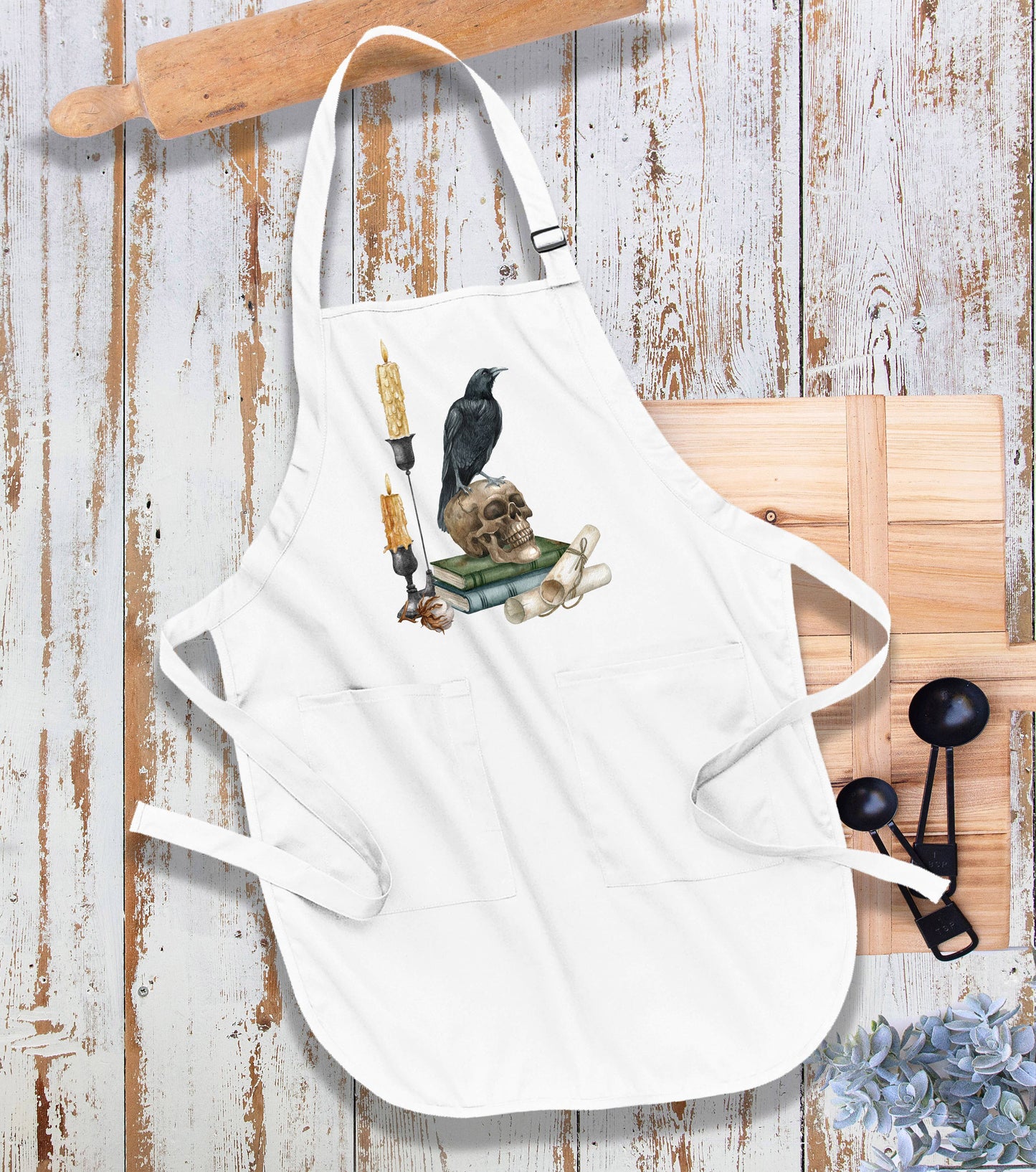 Halloween Black Crow Skull Candles Kitchen Cotton Apron