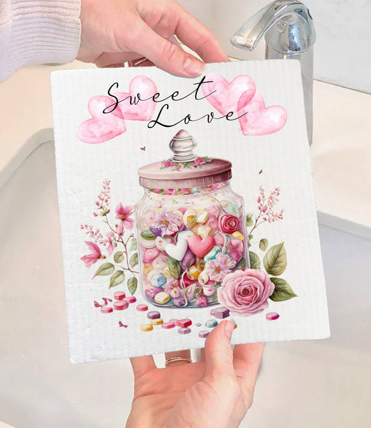 Set of 2 -  Valentine Candy Jar Sweet Love Heart SWEDISH DISH CLOTH