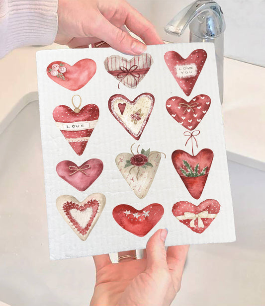 Set of 2 -  Valentine Farmhouse Country Hearts SWEDISH DISH CLOTH