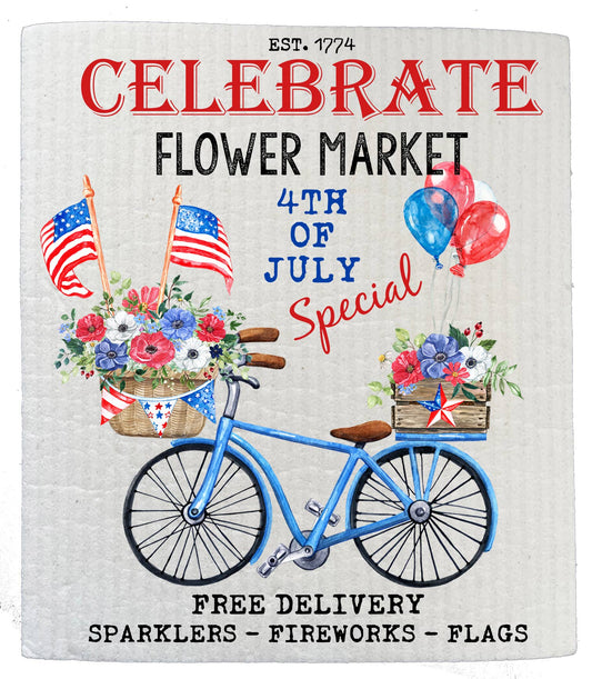 Set of 2 -  4th of July Flower Market Bicycle SWEDISH DISH CLOTH