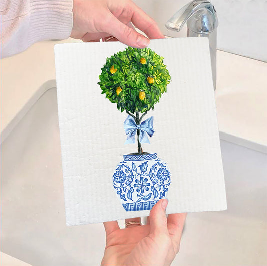 Set of 2 -  Blue & White Chinoiserie Topiaries Lemon Tree Swedish Dish Cloth