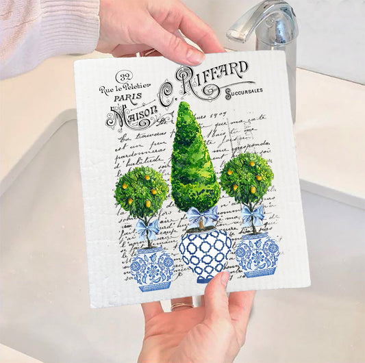 Set of 2 -  Blue & White Chinoiserie Topiaries Trees Swedish Dish Cloth