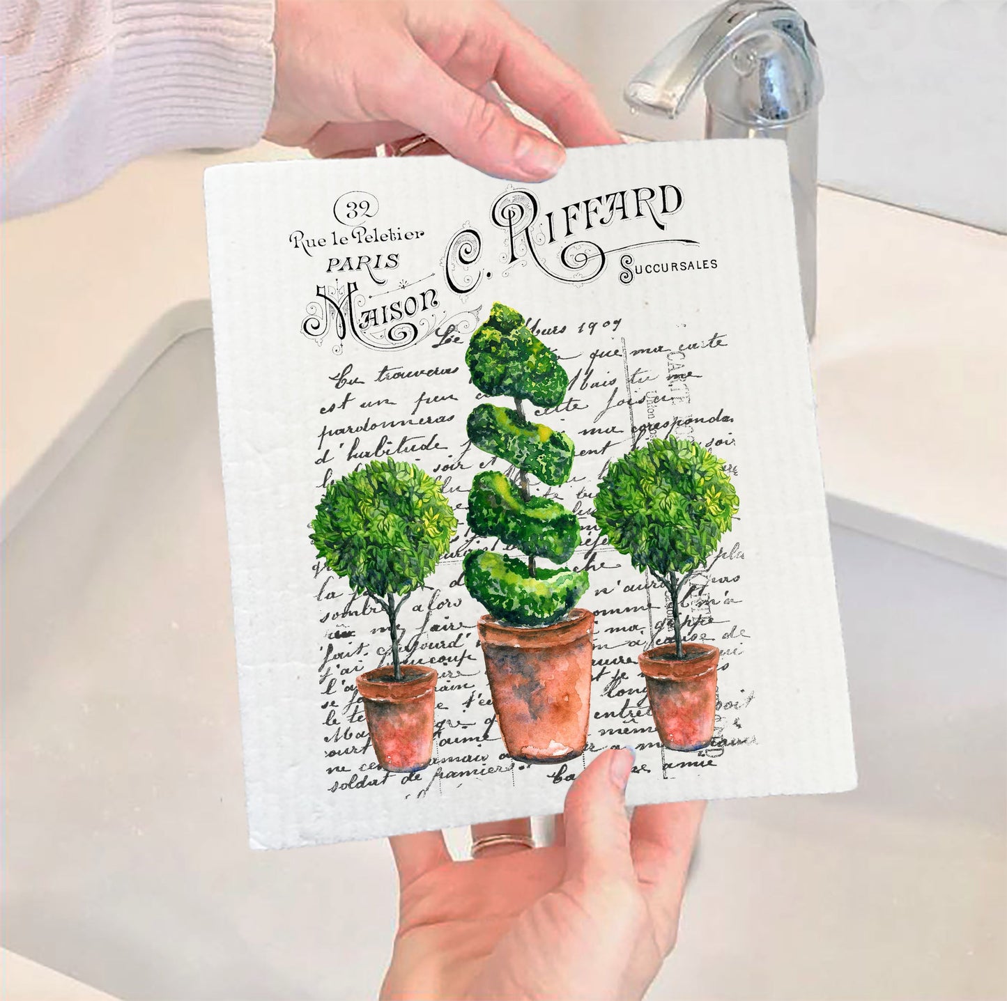 Set of 2 -  Vintage French Topiary Trees Swedish Dish Cloth