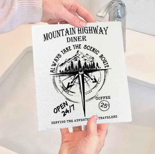 Set of 2 -  Moutain Highway Diner Always Take the Scenic Route Swedish Dish Cloth