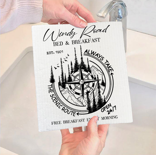 Set of 2 -  Windy Road Bed & Breakfast Always Take the Scenic Route Swedish Dish Cloth
