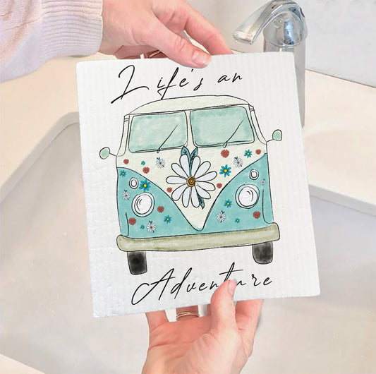 Set of 2 -  Life is an Adventure VW Bus Hippie Swedish Dish Cloth