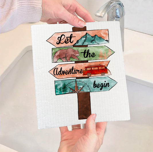 Set of 2 -  Let Adventure Begin camping hiking traveling Swedish Dish Cloth