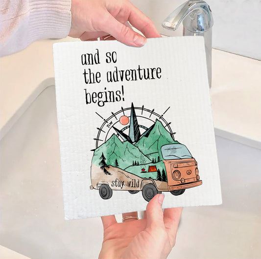 Set of 2 -  And So the Adventure Begins traveling camping hiking Swedish Dish Cloth