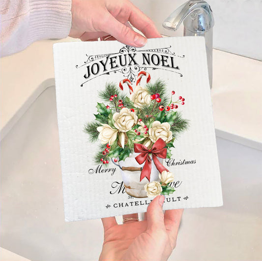 Set of 2 -  Christmas French Joyeux Noel Magnolia Flowers Swedish Dish Cloth