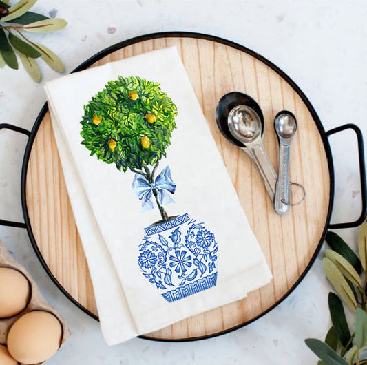 Blue & White Chinoiserie Topiaries Lemon Tree Cotton Tea Towels