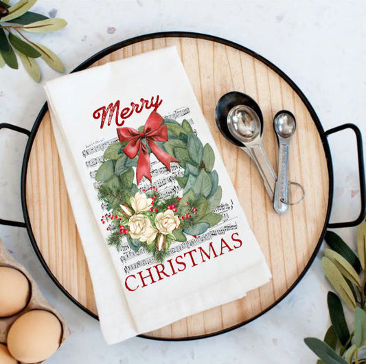 Merry Christmas Magnolia Flowers Wreath Tea Towel