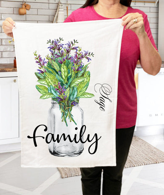 Family Flowers Mason Jar Sage Cotton Terry Towels